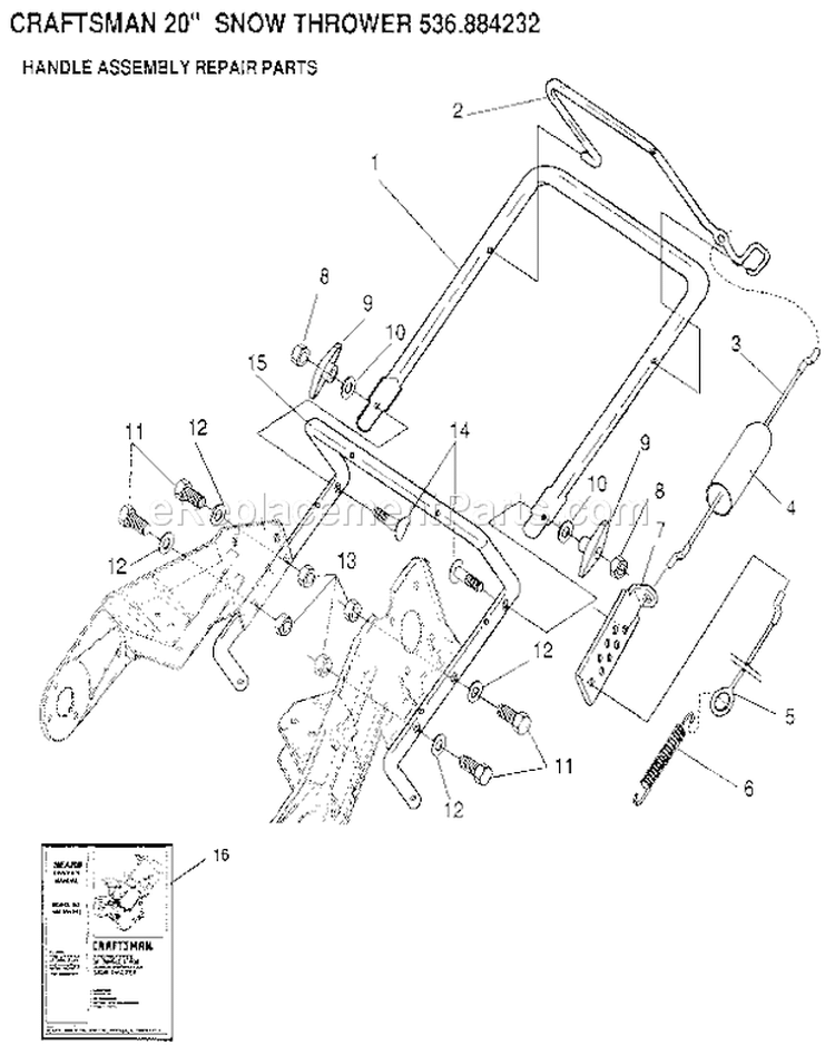 Handle Assembly Diagram and Parts List for 536884232  Craftsman Snow Blower