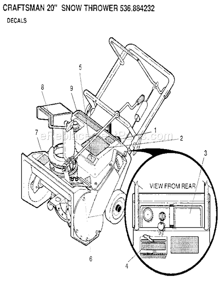 Decals Diagram and Parts List for 536884232  Craftsman Snow Blower