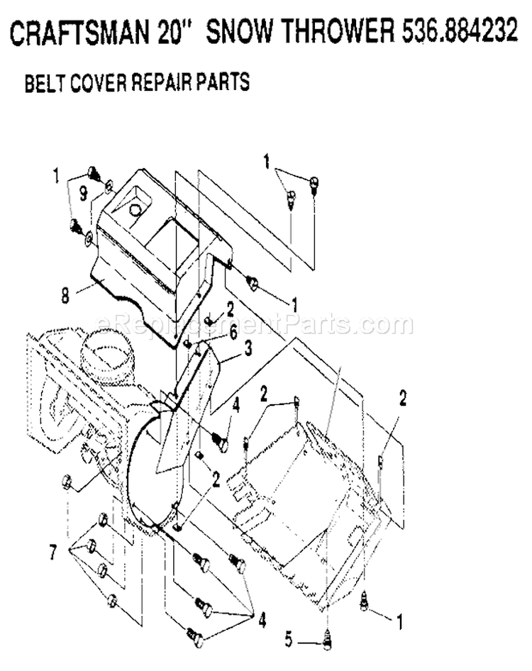 Belt Cover Diagram and Parts List for 536884232  Craftsman Snow Blower