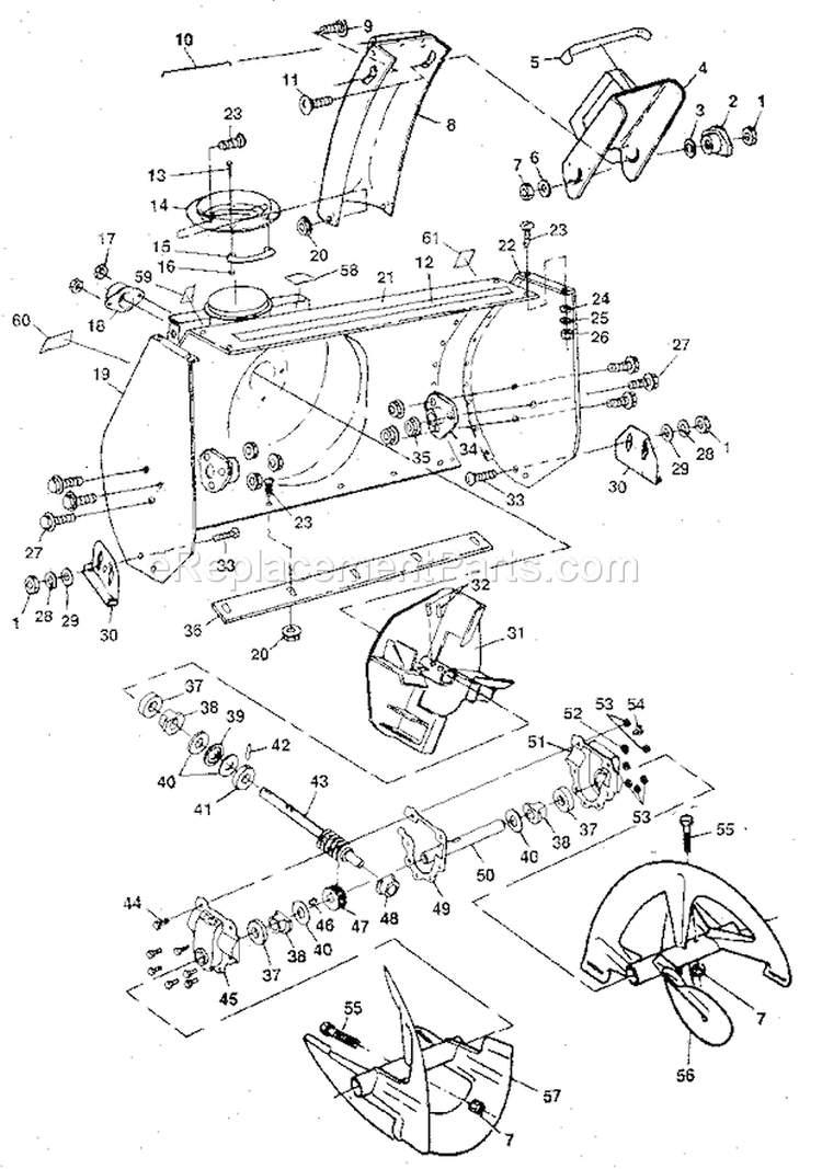 Auger Housing Assembly Diagram and Parts List for 536885400  Craftsman Snow Blower
