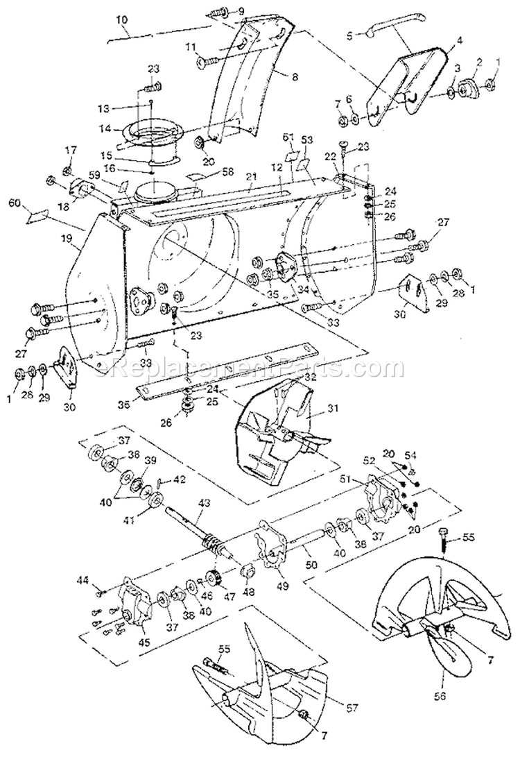 Auger Housing Assembly Diagram and Parts List for 536885410  Craftsman Snow Blower