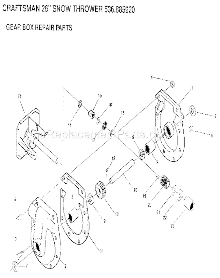 Gear Box Diagram and Parts List for 536885920  Craftsman Snow Blower