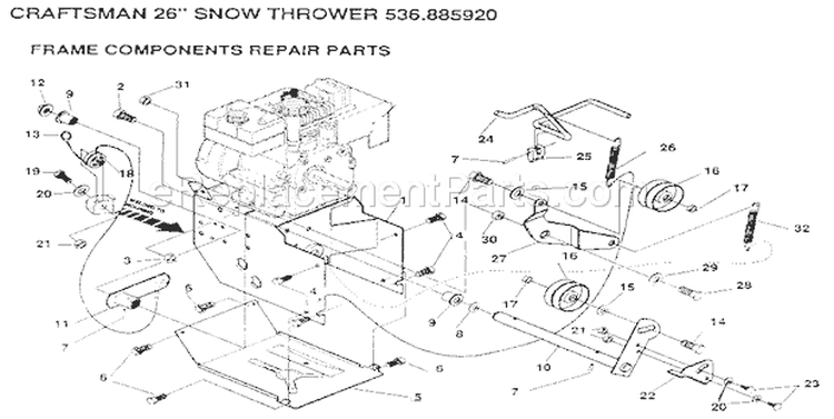 Frame Components Diagram and Parts List for 536885920  Craftsman Snow Blower