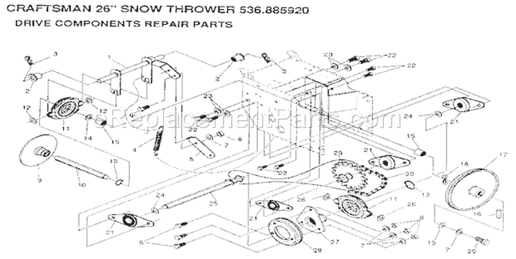 Drive Components Diagram and Parts List for 536885920  Craftsman Snow Blower