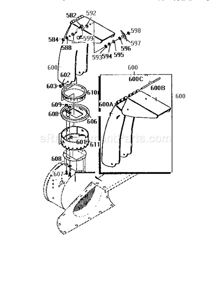 Discharge Chute Assembly Diagram and Parts List for 536886122  Craftsman Snow Blower
