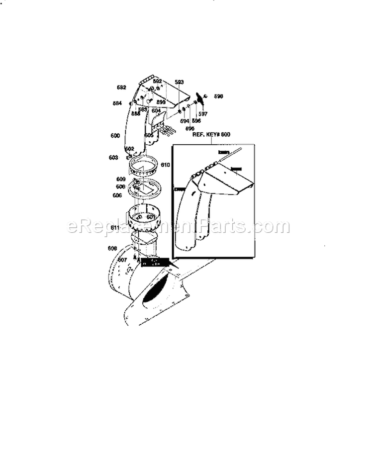 Discharge Chute Assembly Diagram and Parts List for 536886141  Craftsman Snow Blower