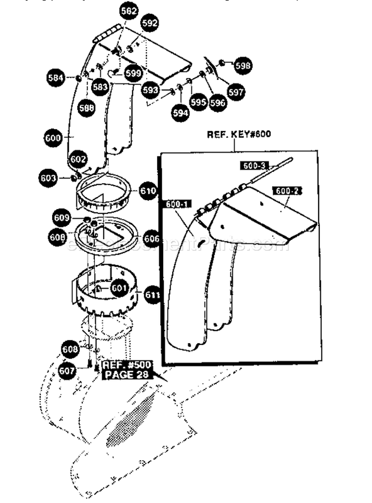 Chute Assembly Diagram and Parts List for 536886180  Craftsman Snow Blower