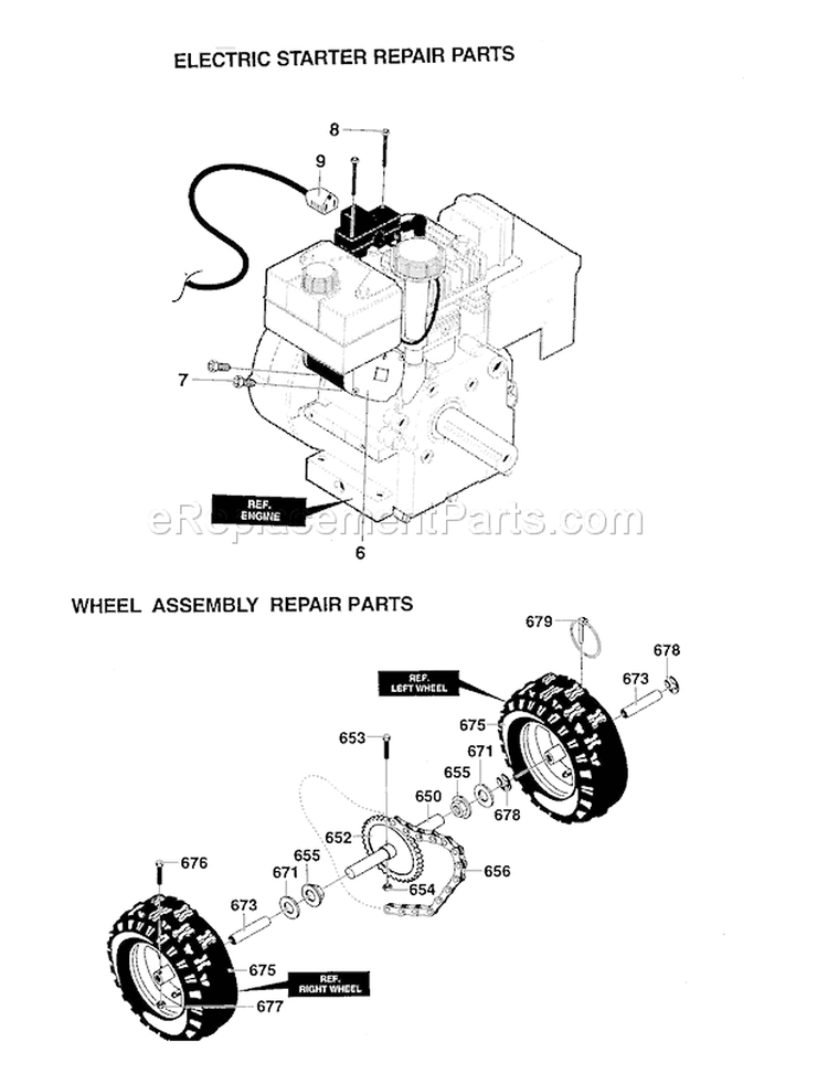 Electric Starter/Wheel Assembly Diagram and Parts List for 536886240  Craftsman Snow Blower
