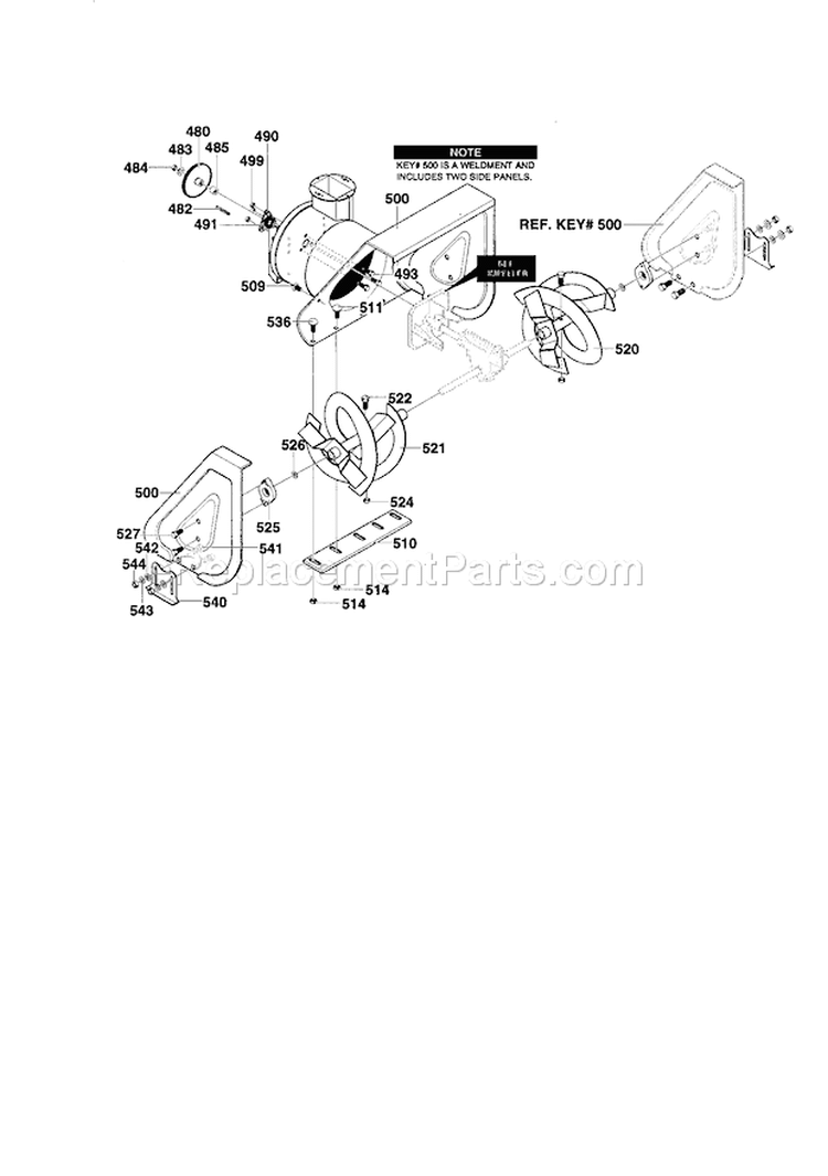 Auger Housing Repair Diagram and Parts List for 536886240  Craftsman Snow Blower