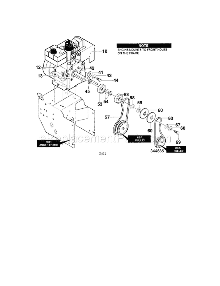 Frame Assembly Diagram and Parts List for 536886260  Craftsman Snow Blower