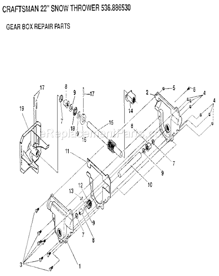 Gear Box Diagram and Parts List for 536886530  Craftsman Snow Blower