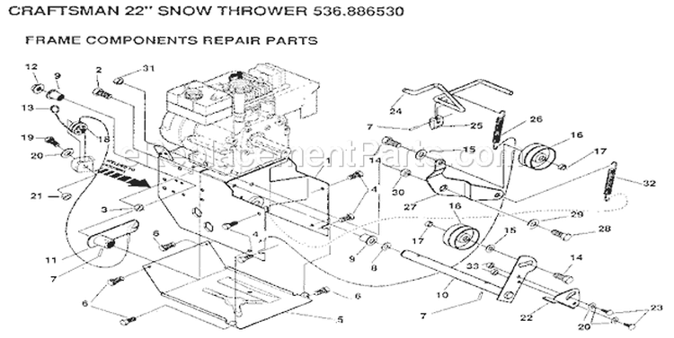 Frame Components Diagram and Parts List for 536886530  Craftsman Snow Blower
