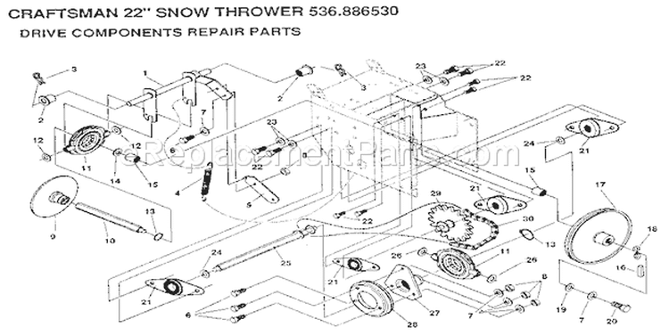 Drive Components Diagram and Parts List for 536886530  Craftsman Snow Blower