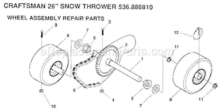 Wheel Assembly Diagram and Parts List for 536886810  Craftsman Snow Blower