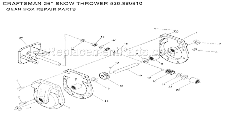 Gear Box Diagram and Parts List for 536886810  Craftsman Snow Blower