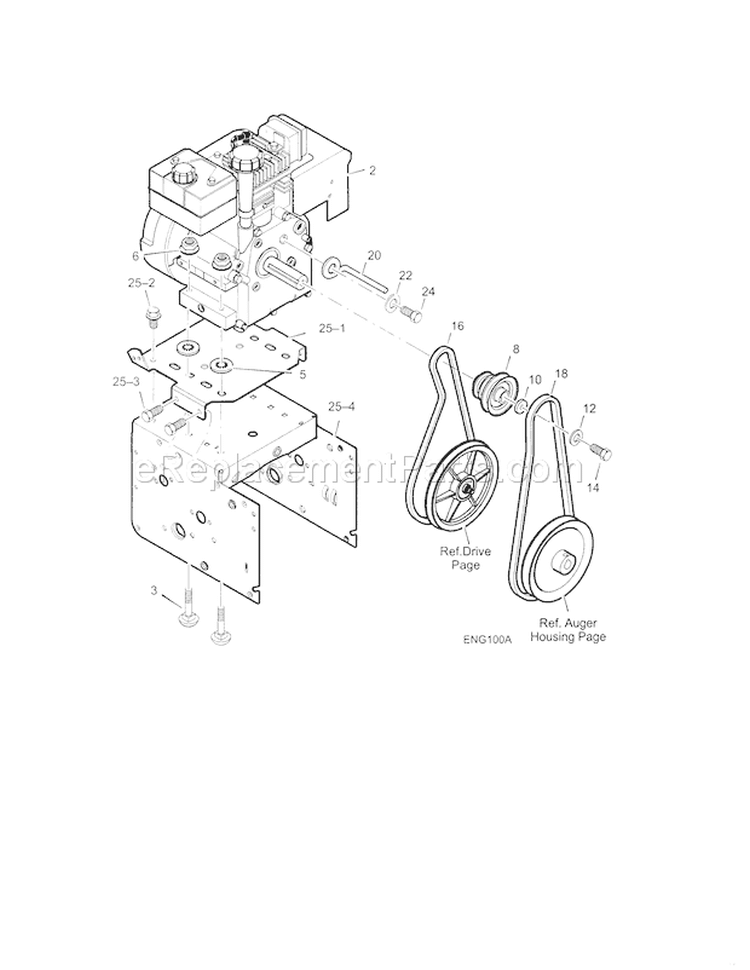 Engine Frame & Pulley Assembly Diagram and Parts List for 536887250  Craftsman Snow Blower