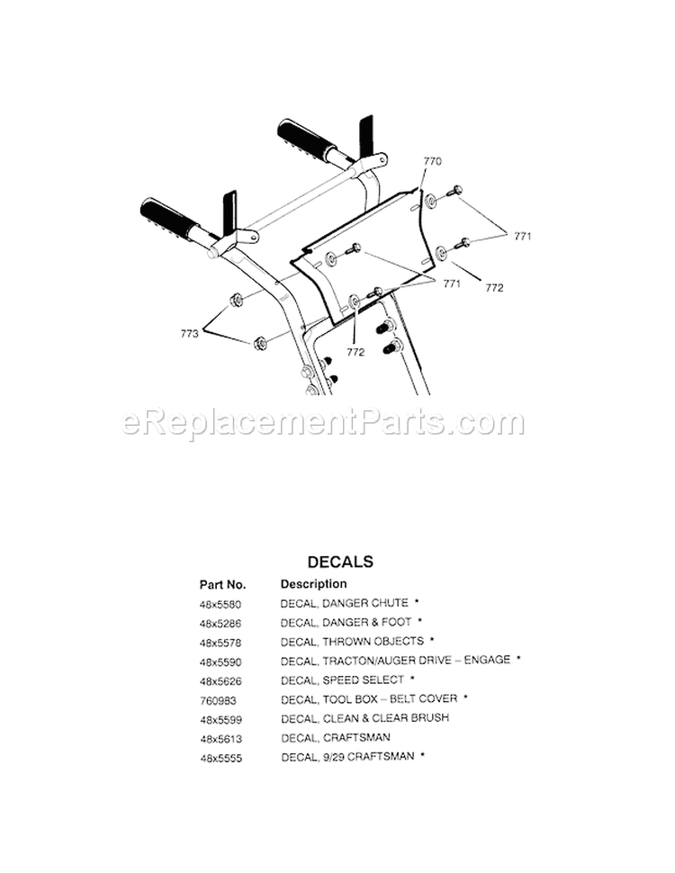 Panel/Decals Diagram and Parts List for 536887995  Craftsman Snow Blower