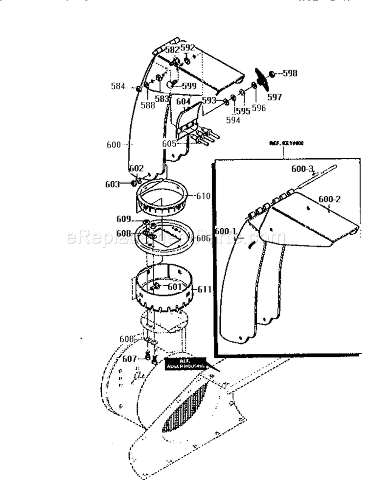 Discharge Chute Assembly Diagram and Parts List for 536888400  Craftsman Snow Blower