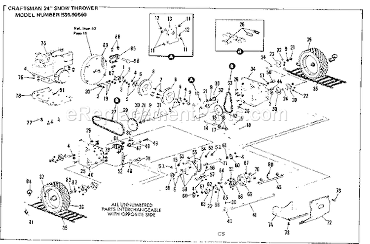 Wheel Assembly Diagram and Parts List for 53690560  Craftsman Snow Blower
