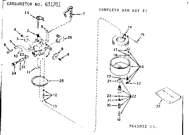 Carburetor Diagram and Parts List for 143645022  Craftsman Engine