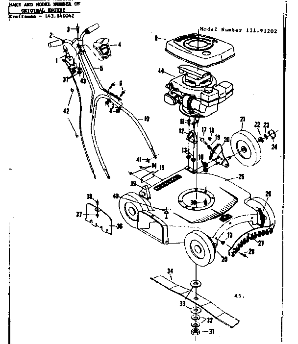 Replacement Parts Diagram and Parts List for 13191202  Craftsman Lawn Mower
