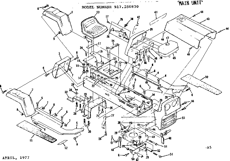 Main Unit Diagram and Parts List for 917250830-1977  Craftsman Lawn Tractor