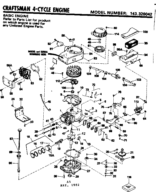 Replacement Parts Diagram and Parts List for 143326042  Craftsman Engine