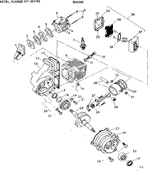 Engine Diagram and Parts List for 917351780  Craftsman Chainsaw