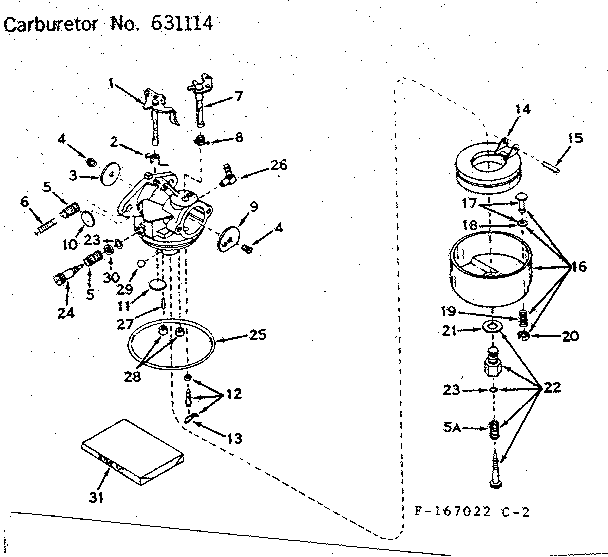 Carburetor No. 631114 Diagram and Parts List for 143167022  Craftsman Engine