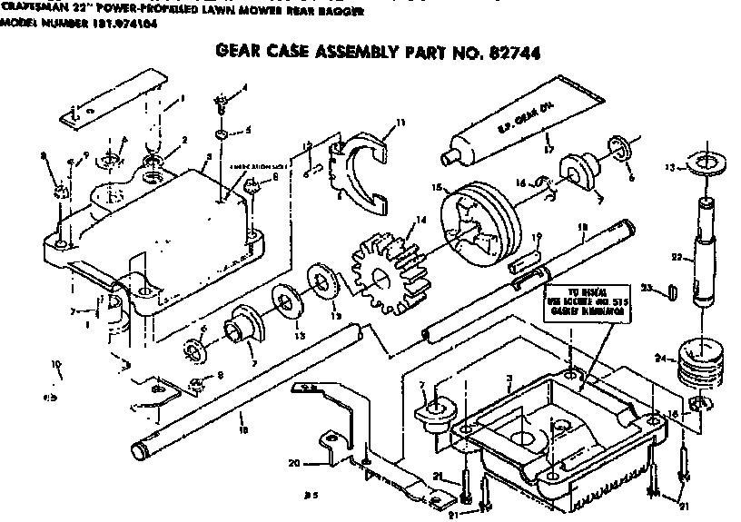 Gear Case Assembly Diagram and Parts List for 131974104  Craftsman Lawn Mower
