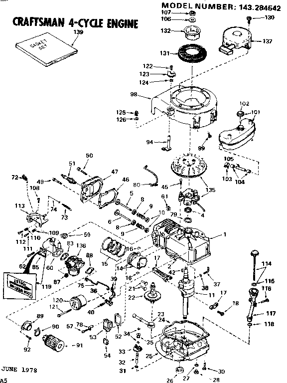 Replacement Parts Diagram and Parts List for 143284542  Craftsman Engine