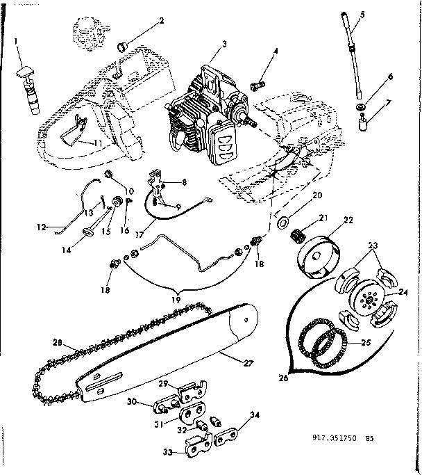 Engine Diagram and Parts List for 917351750  Craftsman Chainsaw
