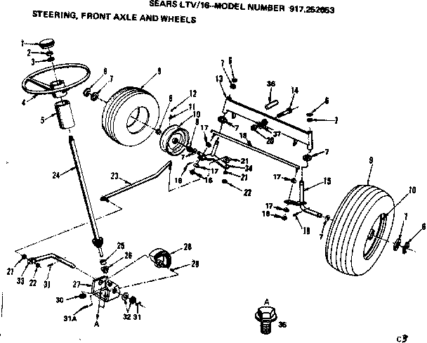 Steering, Front Axle And Wheels Diagram and Parts List for 917252653  Craftsman Lawn Tractor