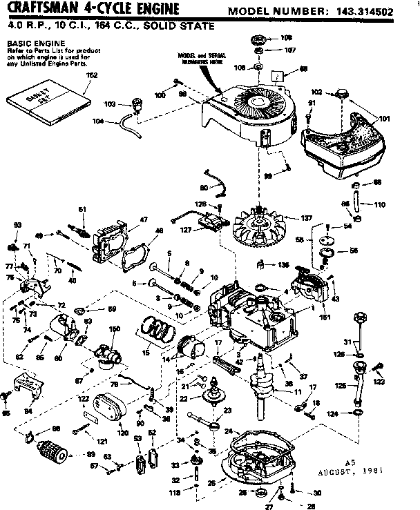 Replacement Parts Diagram and Parts List for 143314502  Craftsman Engine