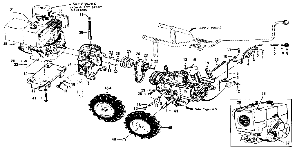 Wheel Speed Lever, Belt Drive System, Engines, Wheels Diagram and Parts List for 29909  Craftsman Tiller