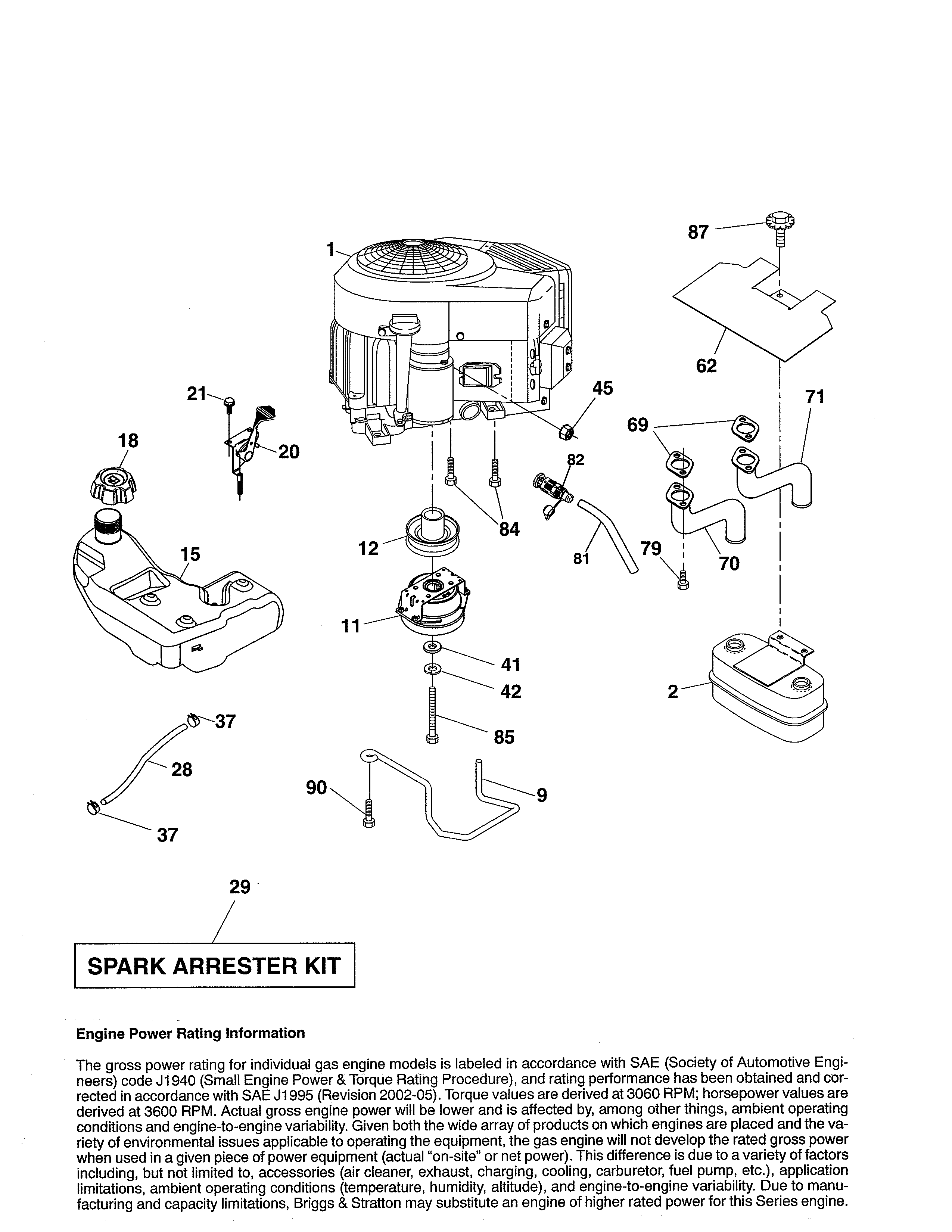 Engine Diagram and Parts List for 917986471  Craftsman Lawn Tractor