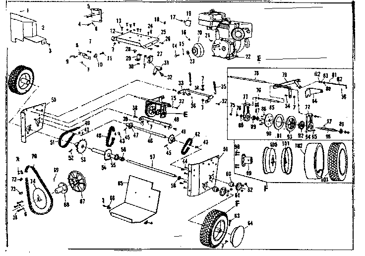 Engine And Wheel Assembly Diagram and Parts List for 53682565  Craftsman Snow Blower