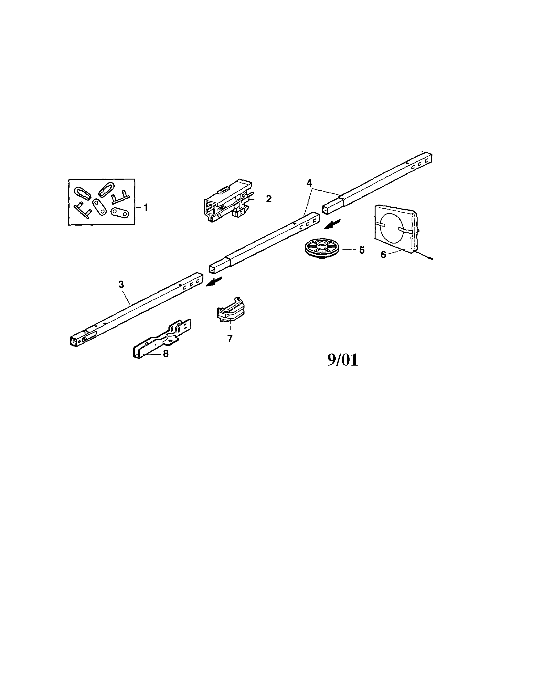 Rail Assembly Diagram and Parts List for 13953962SRT1  Craftsman Garage Door Opener