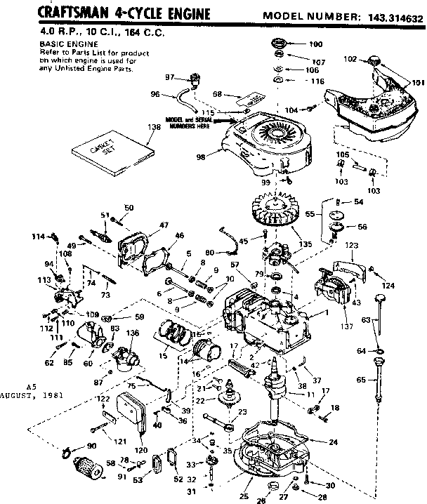Replacement Parts Diagram and Parts List for 143314632  Craftsman Engine