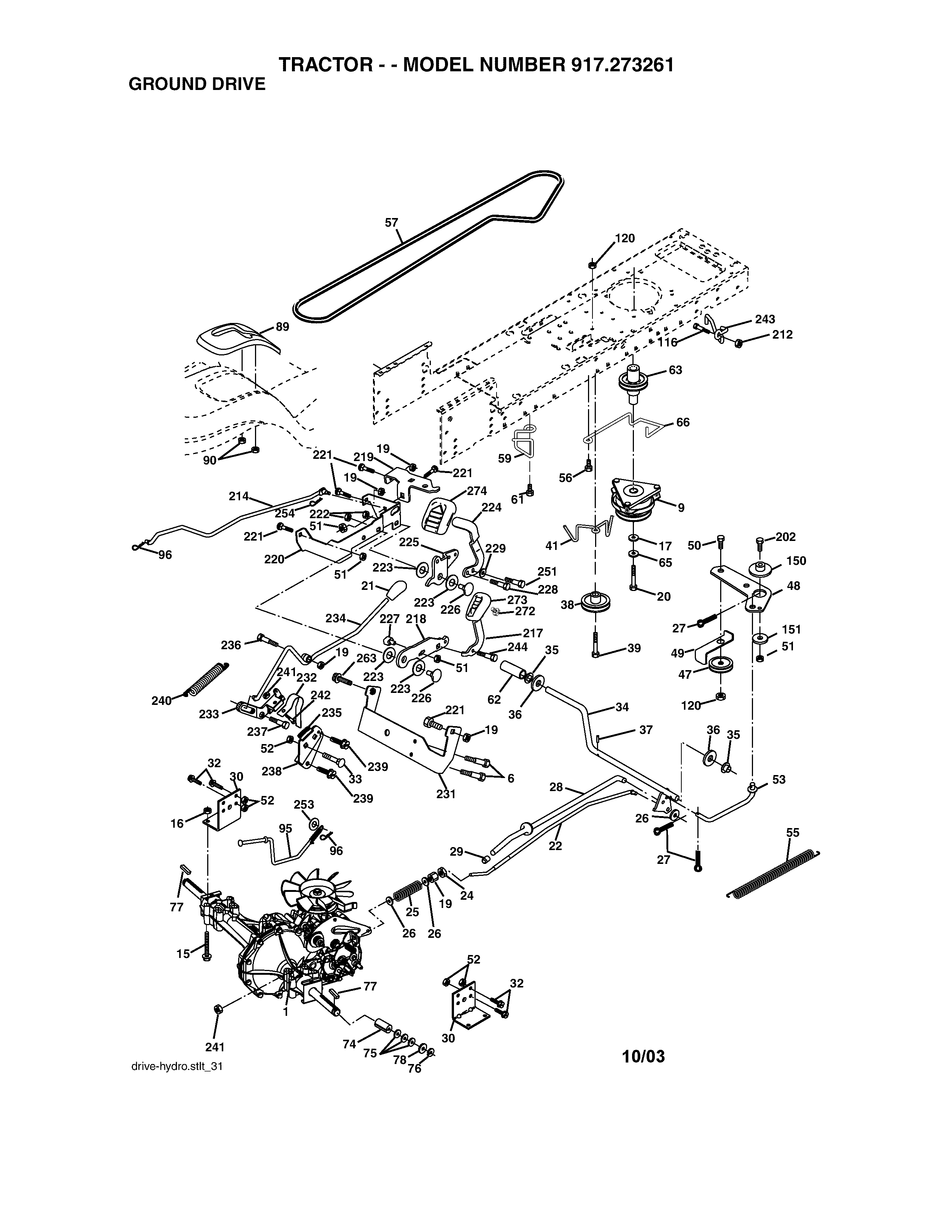Ground Drive Diagram and Parts List for 917273261  Craftsman Lawn Tractor