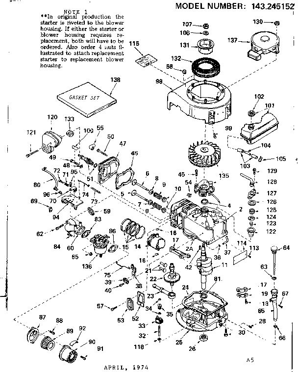 Replacement Parts Diagram and Parts List for 143245152  Craftsman Engine