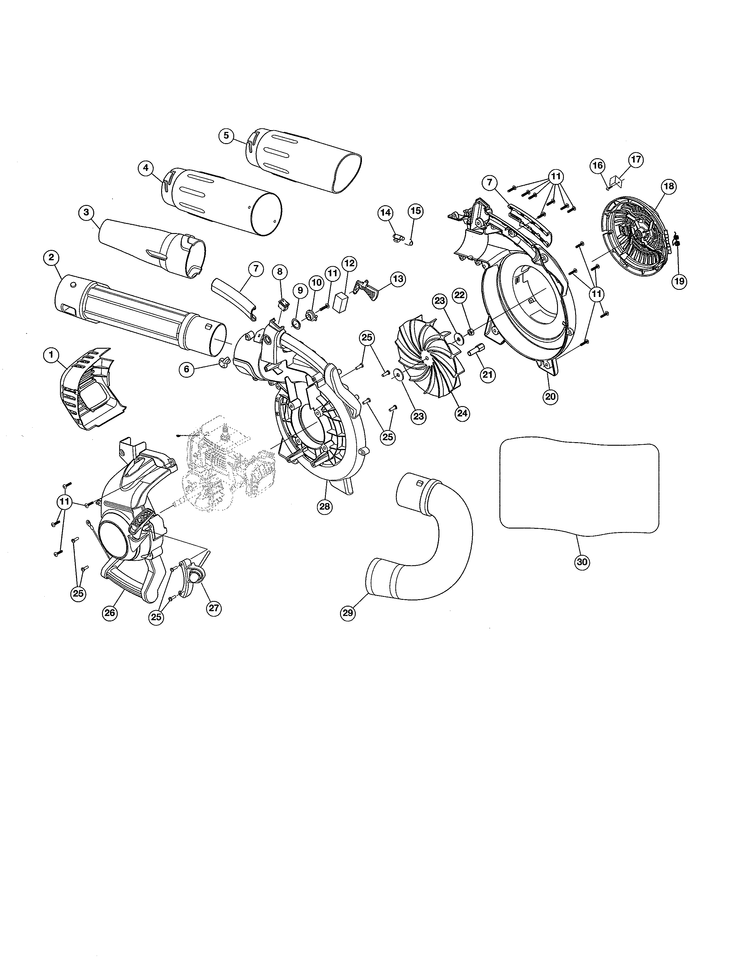 Tubes/impeller/bag Diagram and Parts List for 316791770  Craftsman Leaf Blower / Vacuum
