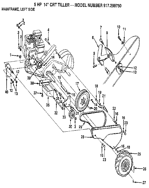 Mainframe, Left Side Diagram and Parts List for 917299750  Craftsman Tiller