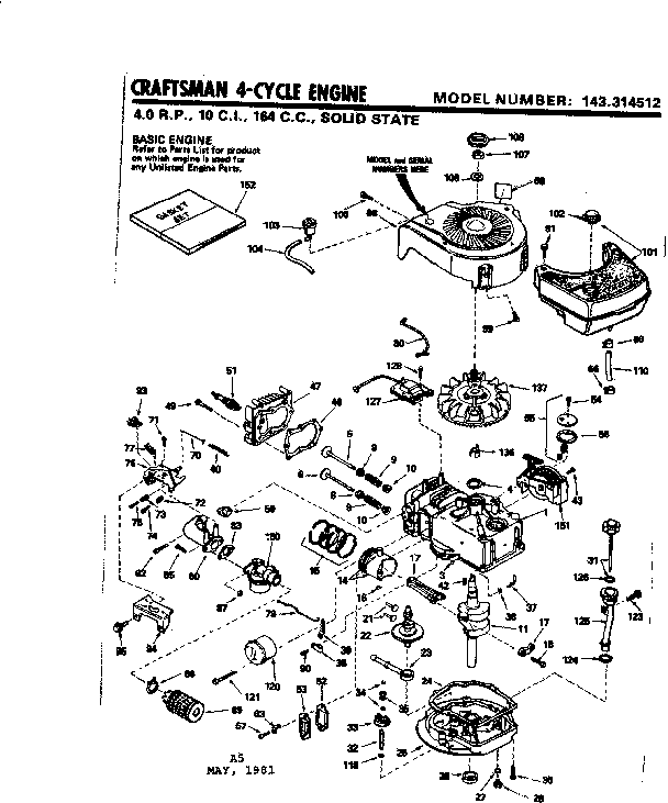 Replacement Parts Diagram and Parts List for 143314512  Craftsman Engine