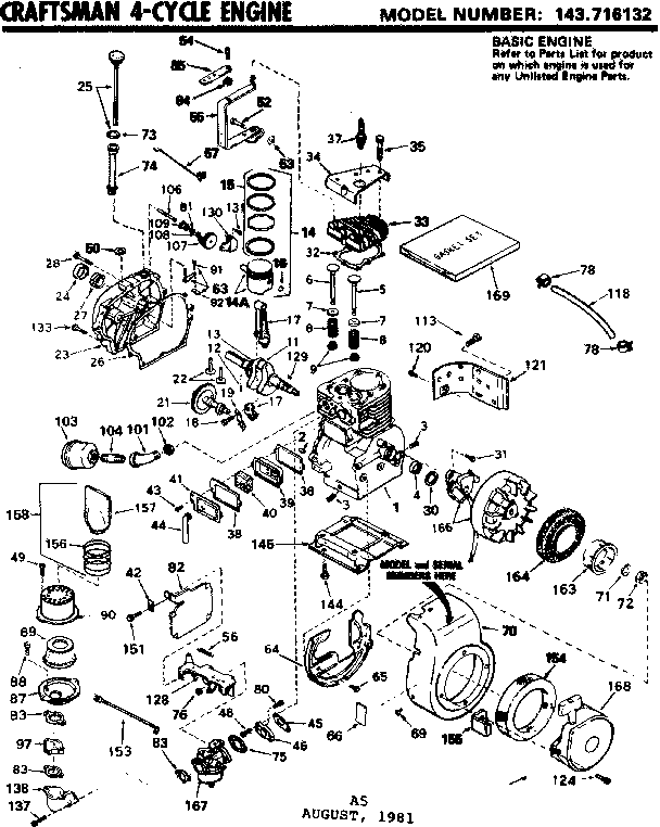 Replacement Parts Diagram and Parts List for 143716132  Craftsman Engine