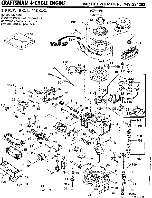 Replacement Parts Diagram and Parts List for 143334202  Craftsman Engine