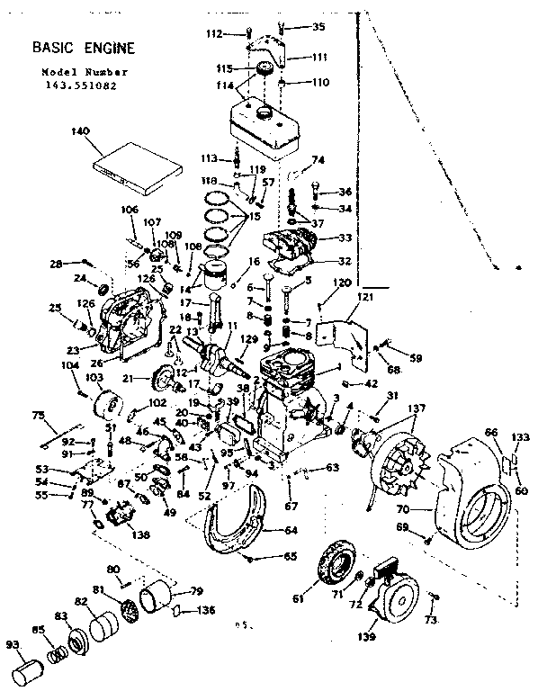 Basic Engine Diagram and Parts List for 143551082  Craftsman Engine