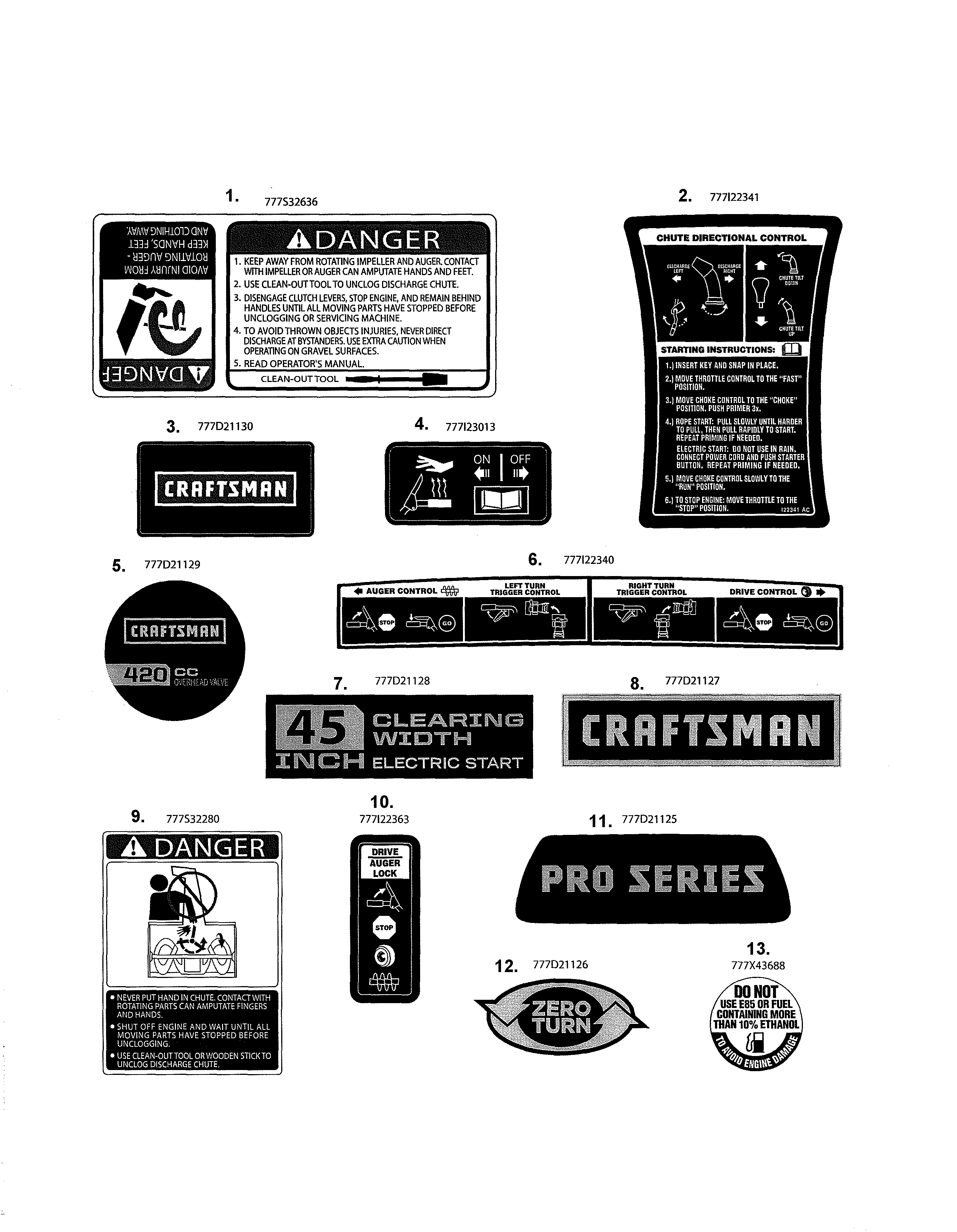 Decals Diagram and Parts List for 247888780  Craftsman Snow Blower