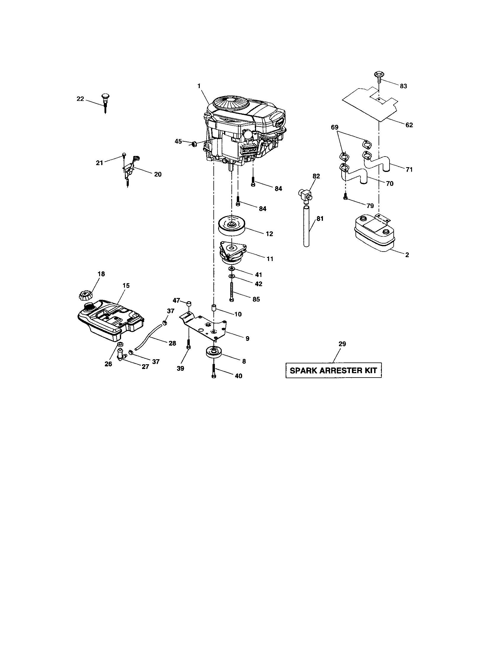 Engine Diagram and Parts List for 917276072  Craftsman Lawn Tractor