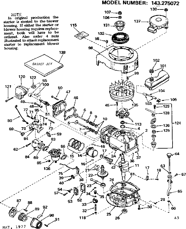 Replacement Parts Diagram and Parts List for 143275072  Craftsman Engine